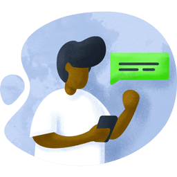 Illustration of man looking at a cell phone with speech bubble next to him