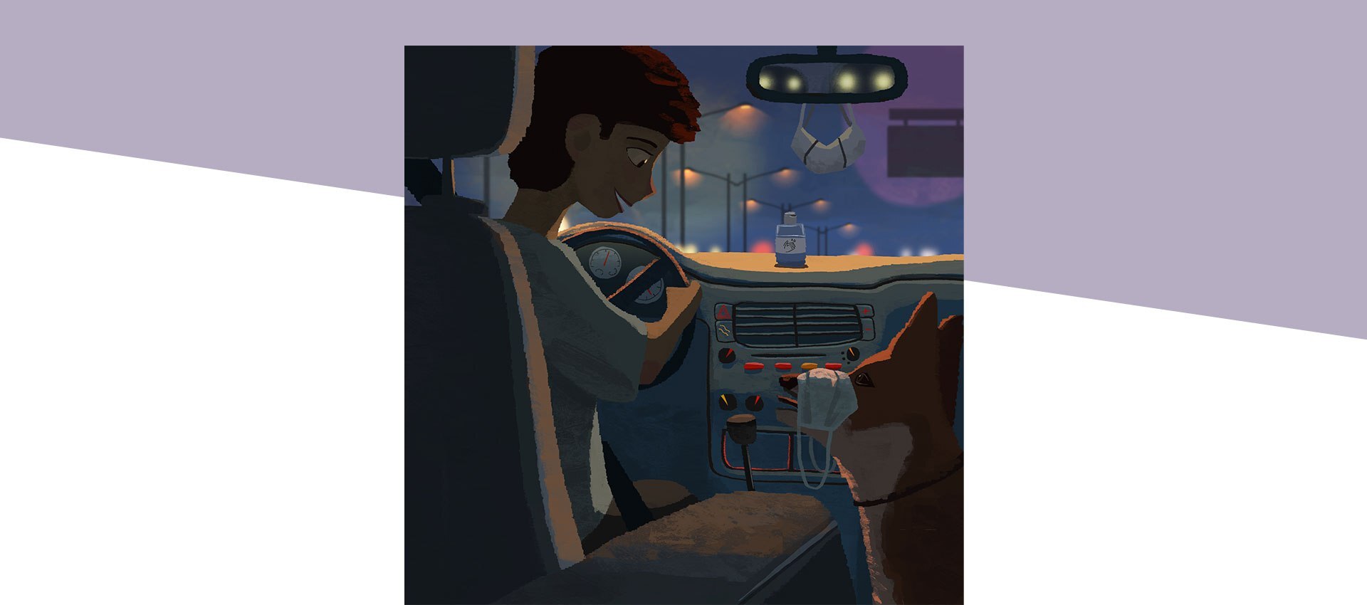 Person in a car driving looking at a dog sitting next to them with a mask on