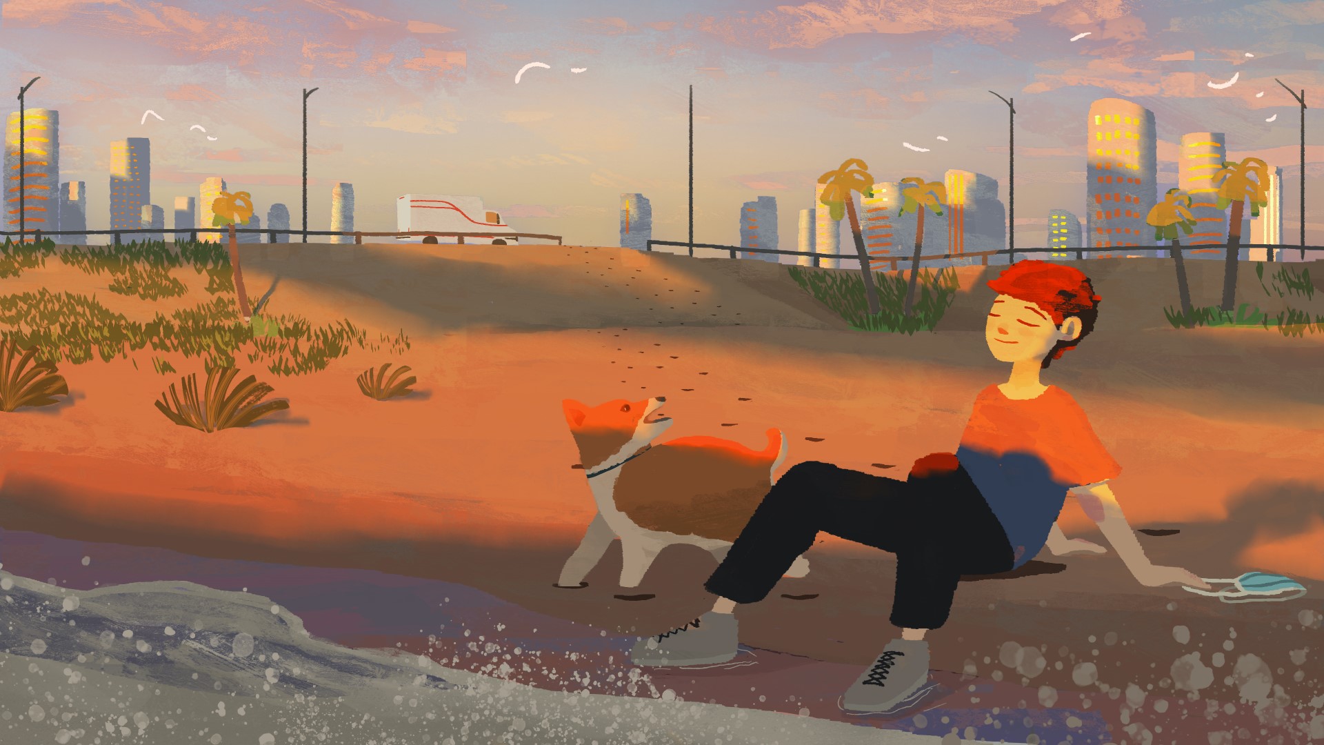 Person relaxing on the beach at sunset with a dog next to them