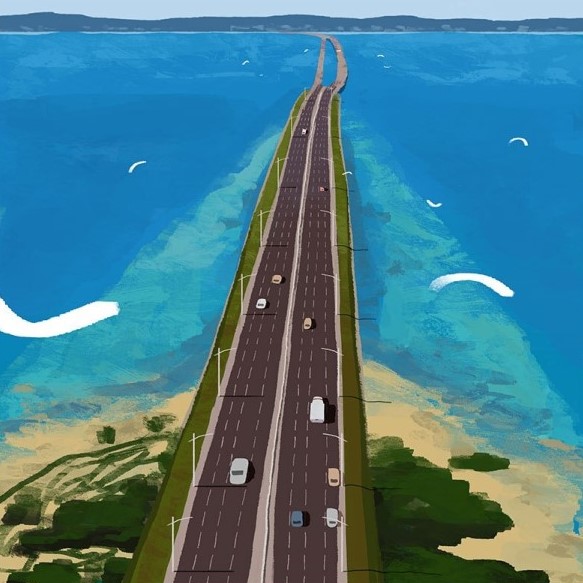 Cars driving on a highway over a large body of water