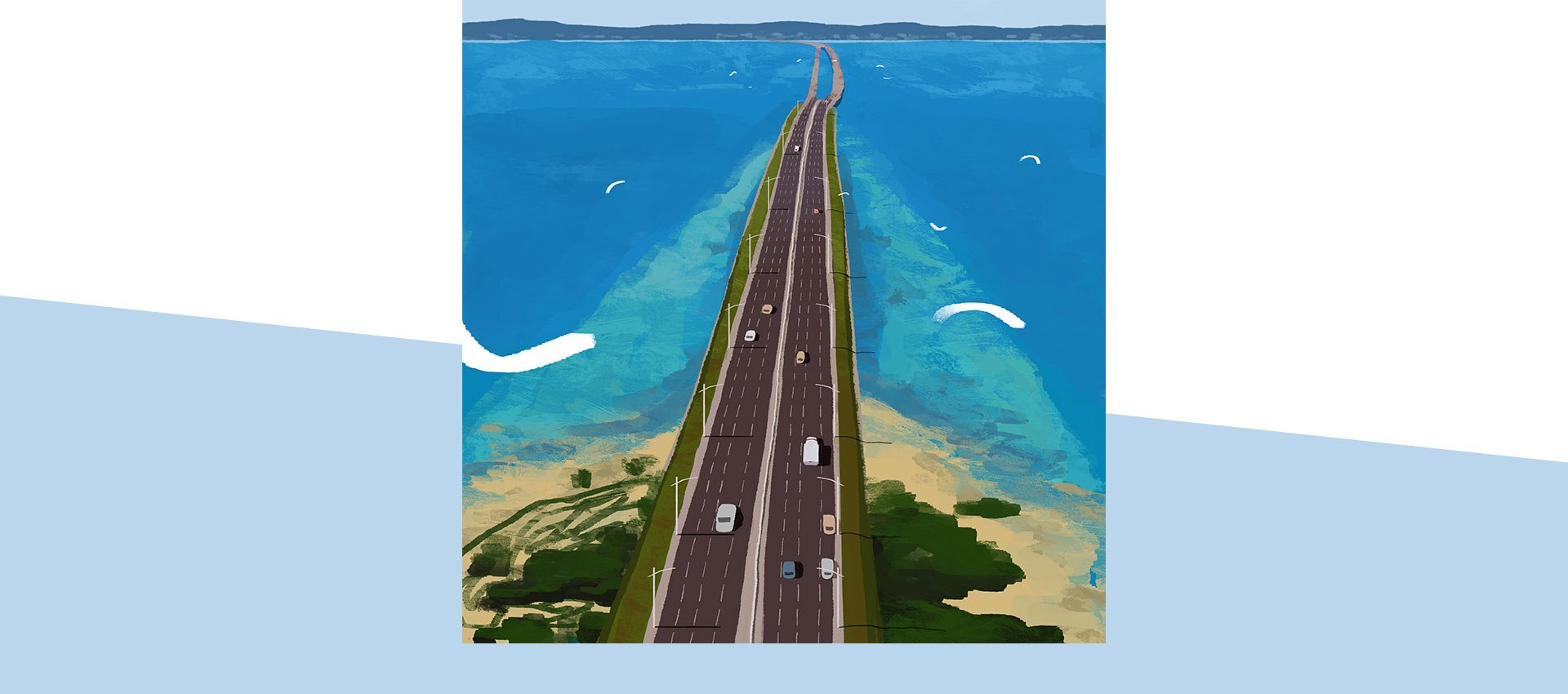 Cars driving on a highway over a large body of water