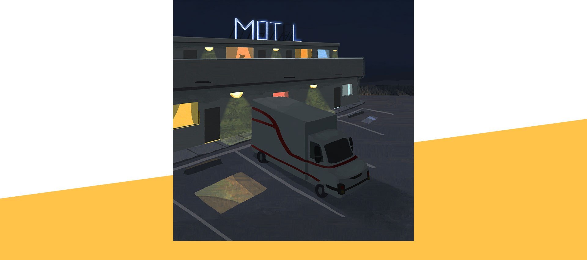 Moving truck parked at a motel at night