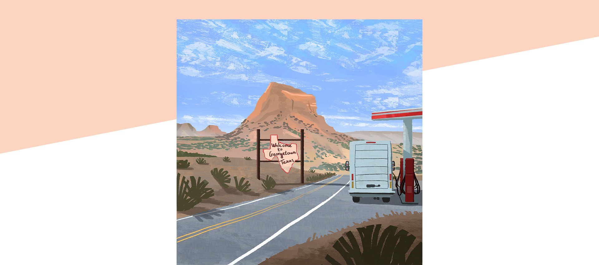 Moving truck at a gas station with a sign that reads 'Welcome to Georgetown Texas'