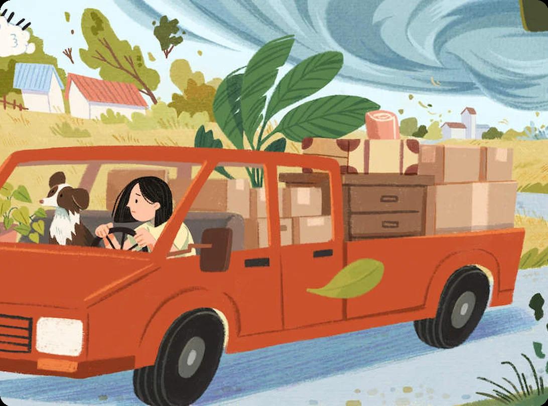 A woman and her dog moving away from bad weather