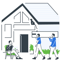 Movers loading and unloading furniture from a house while homeowner relaxes on a chair